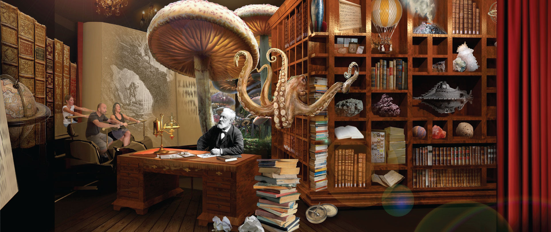 Le véhicule pénètre dans le bureau de Jules Verne où apparaissent des champignons, des monstres...